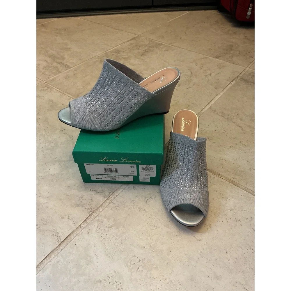Lauren Lorraine Martha Silver Rhinestone Wedge Sandals Peep Toe Mules Size 11